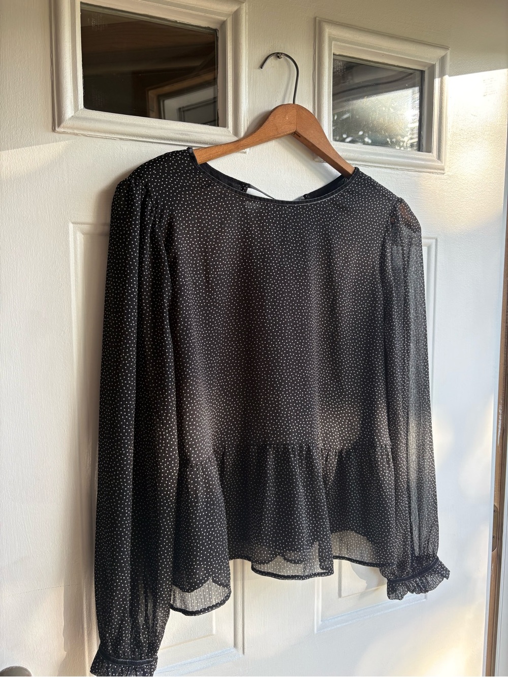 LOFT Women’s M B&W Polka Dot Long-Sleeve Sheer Lightweight Peplum Blouse